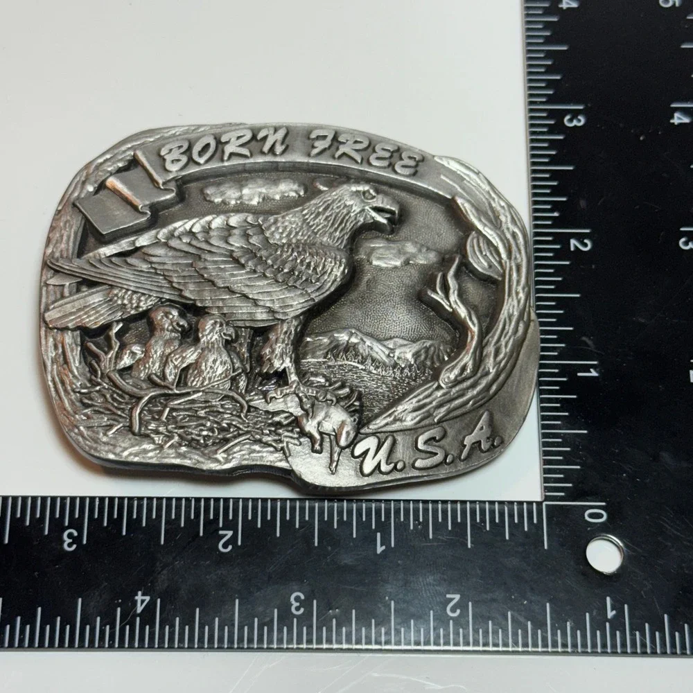 Vintage USA Made Eagle Nest Born Free Belt Buckle Pewter‎ Metal 1987